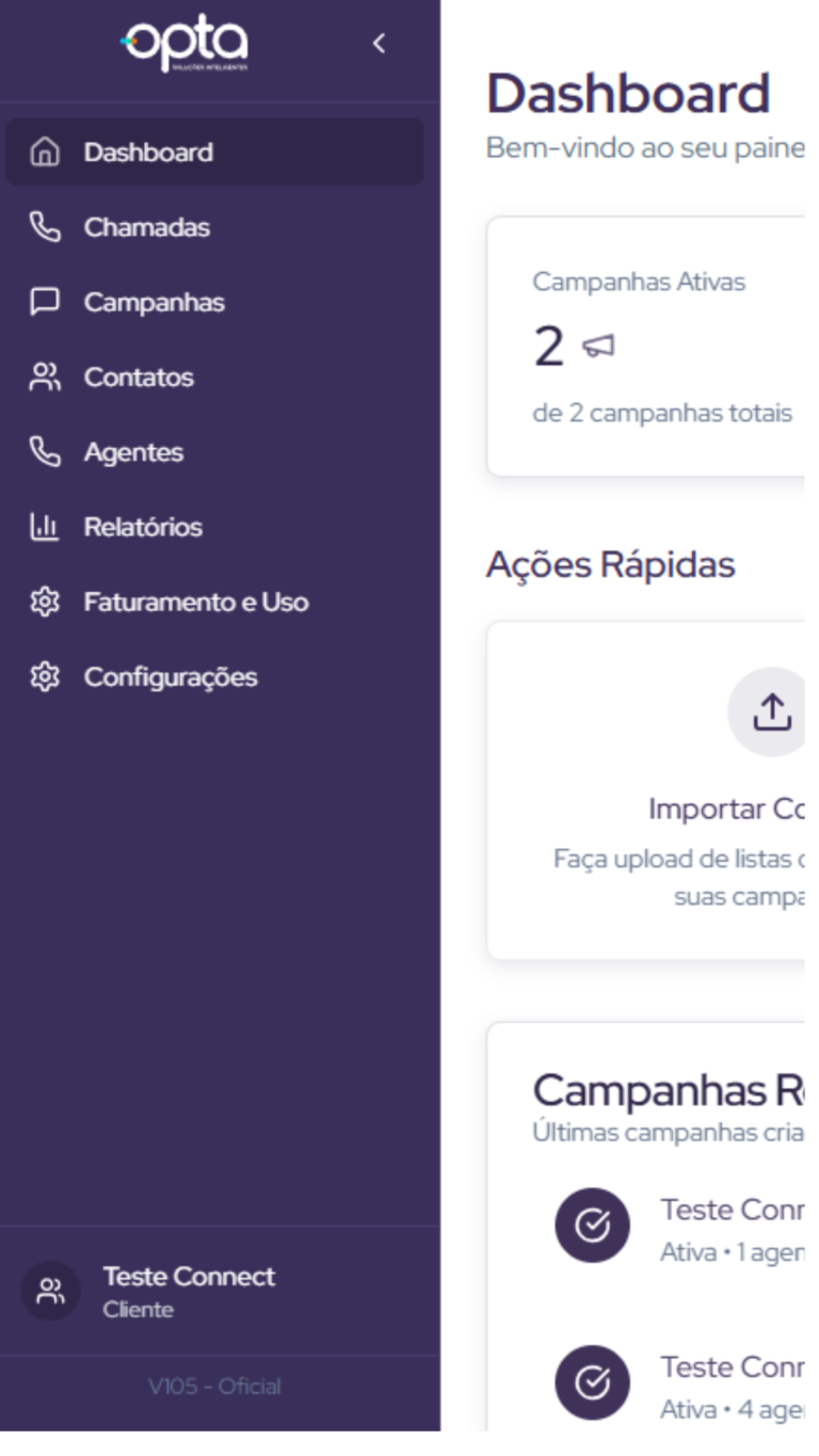 Opta Connect - Ideal para operações comerciais, cobrança, prospecção e reativação de carteira. O Opta Connect une automação de call center com agentes autônomos de inteligência artificial, permitindo escalar o volume de contatos sem aumentar proporcionalmente o custo da operação.