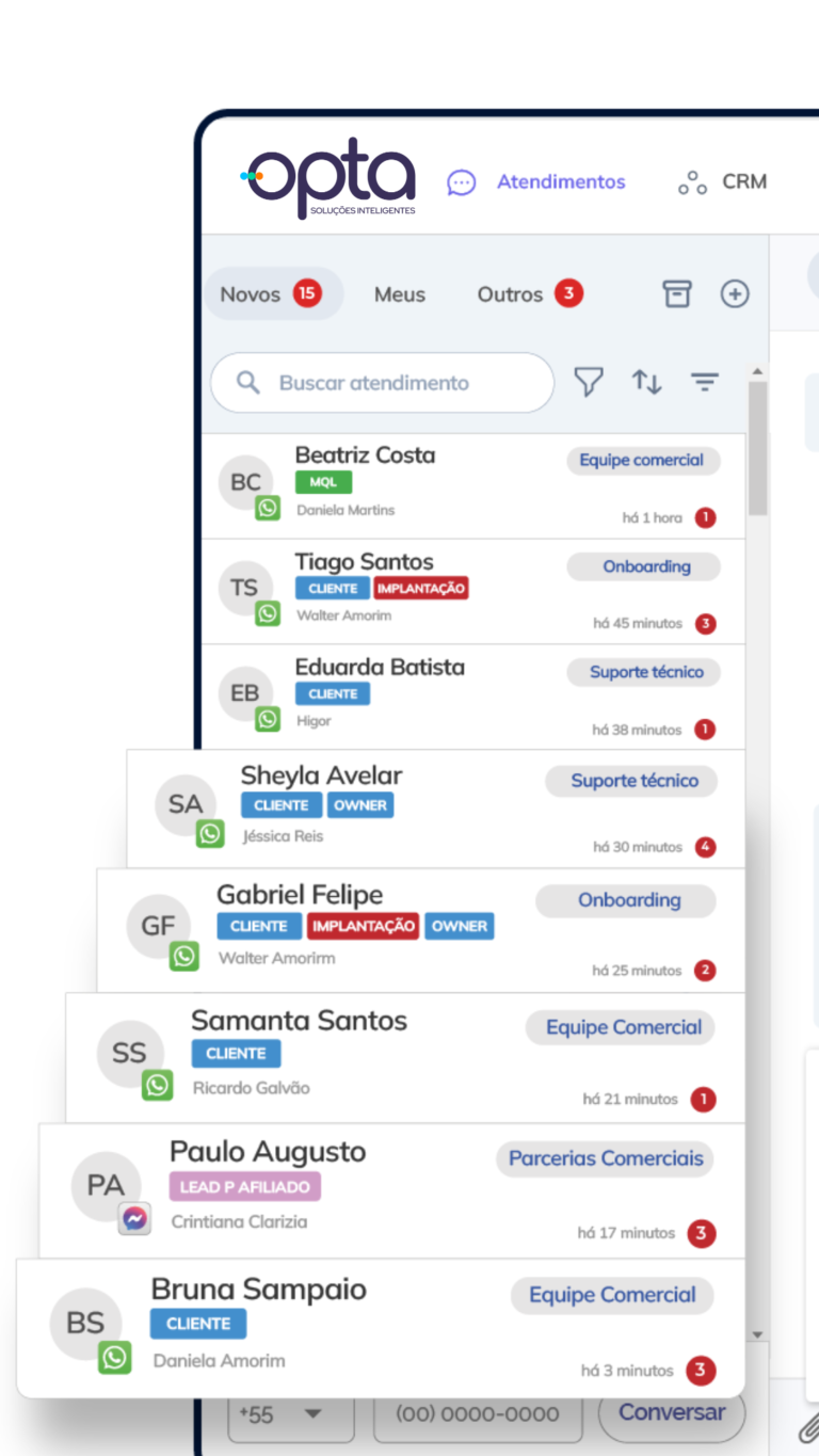 Opta One - Ideal para equipes de vendas internas, SAC, suporte, relacionamento e Customer Success que precisam centralizar conversas, organizar filas de atendimento e ganhar eficiência operacional.